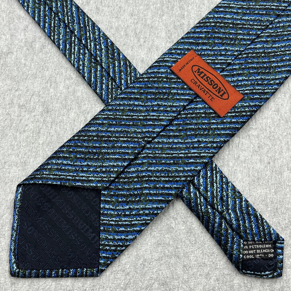 Missoni Cravatte Tie Mens Blue Green Striped Texture 100% Silk Italy Made Luxury